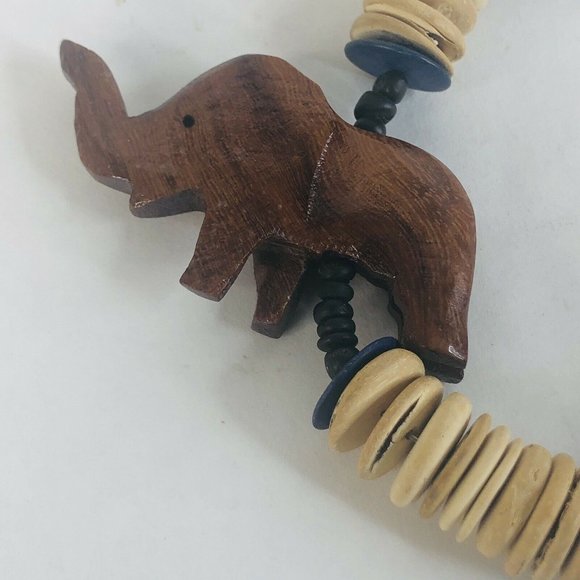 Wood Carved Animal Necklace Giraffe Elephant Brown Blue Purple Barrel Clasp 27” - Picture 7 of 7
